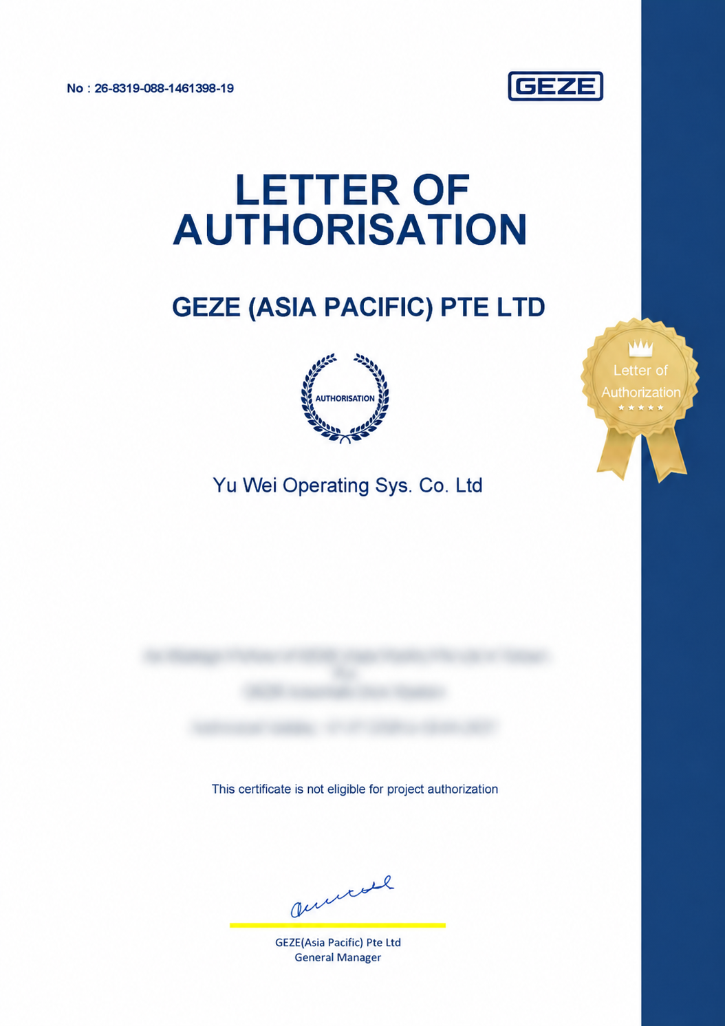 Yu Wei Installer Certificate of Authorization