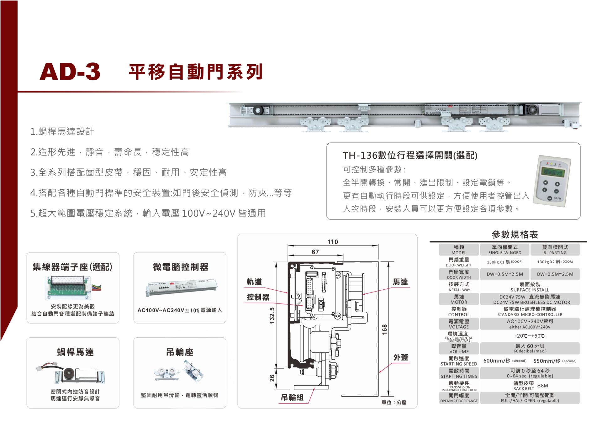 AD-3 平移自動門系統組件與尺寸說明